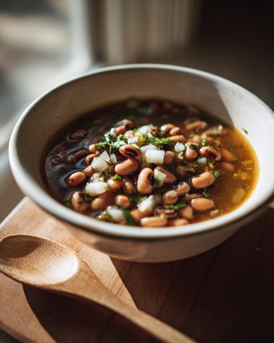 A close-up of a bowl filled with Southern-style black eyed peas, garnished with diced onions and fresh herbs.