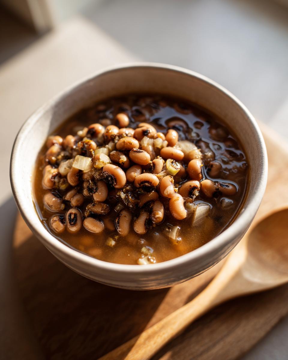 A close-up of a bowl filled with hearty Southern-style black eyed peas and broth, garnished with onions.