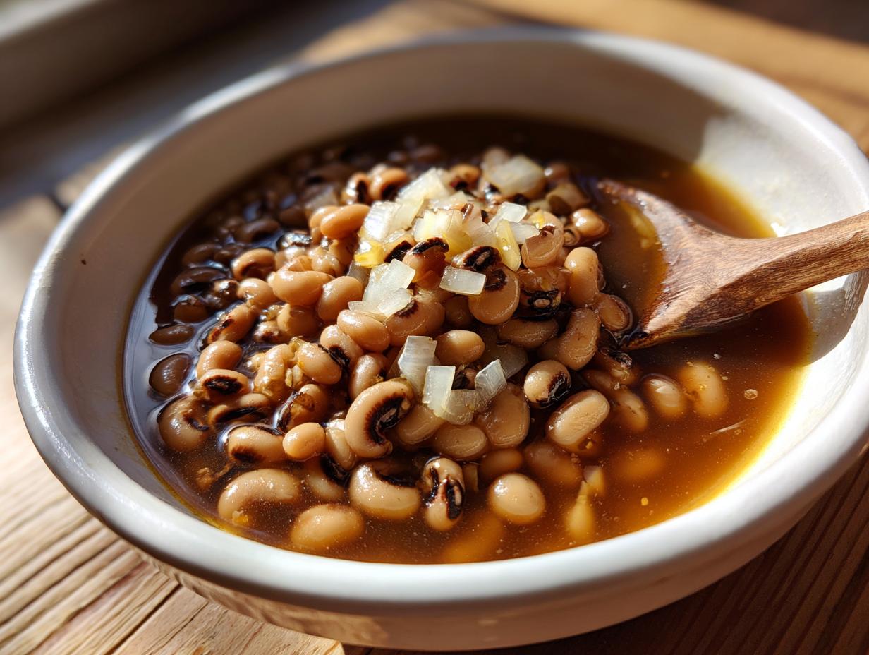 A close-up of a white bowl filled with Southern-style black eyed peas, topped with diced onions and a wooden spoon.