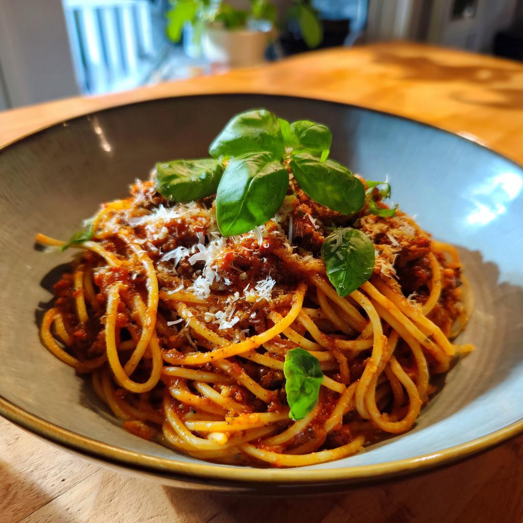 A close-up of a bowl of spaghetti bolognese topped with fresh basil and grated parmesan cheese, perfect for simple dinner ideas.