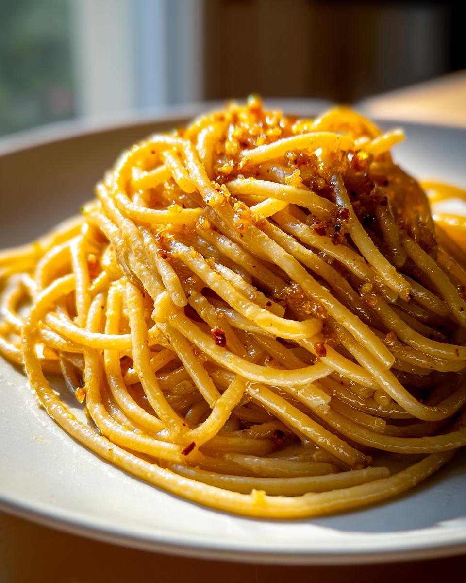 Close-up of a plate of spaghetti, a simple yet delicious pasta dish, topped with garlic and chili flakes.
