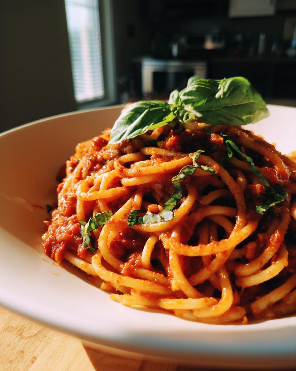 A close-up of a bowl of spaghetti with marinara sauce, topped with fresh basil, perfect for simple dinner ideas.
