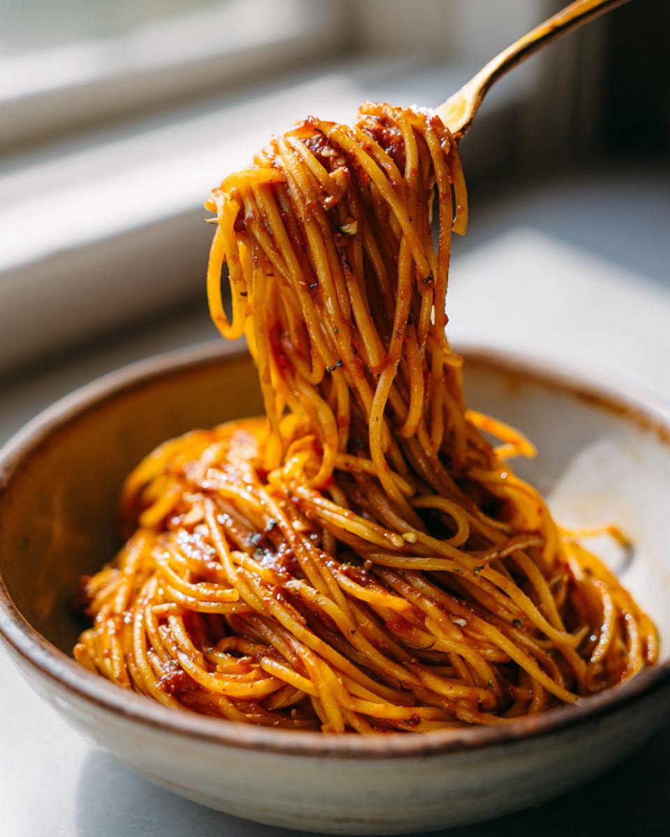 A fork lifting a generous portion of spaghetti with a rich meat sauce from a rustic bowl. A perfect easy dinner idea.
