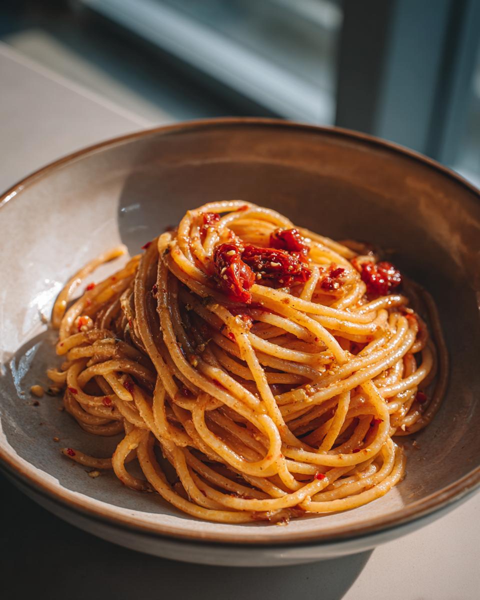 Close-up of spaghetti with sun-dried tomatoes, a delicious and easy dinner idea.