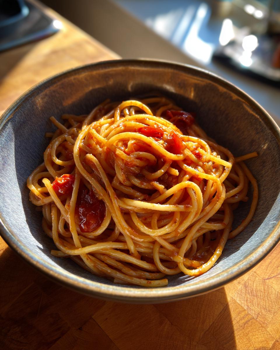 A close-up of a bowl of spaghetti with a rich tomato sauce, perfect for easy dinner ideas.