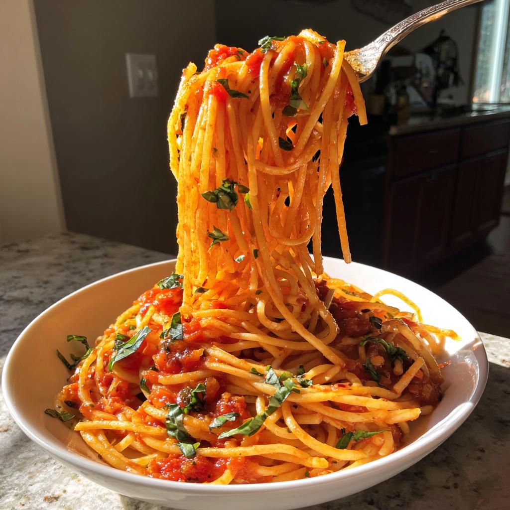 A fork lifting a generous portion of spaghetti with rich tomato sauce and fresh basil, showcasing a perfect pasta dinner idea.