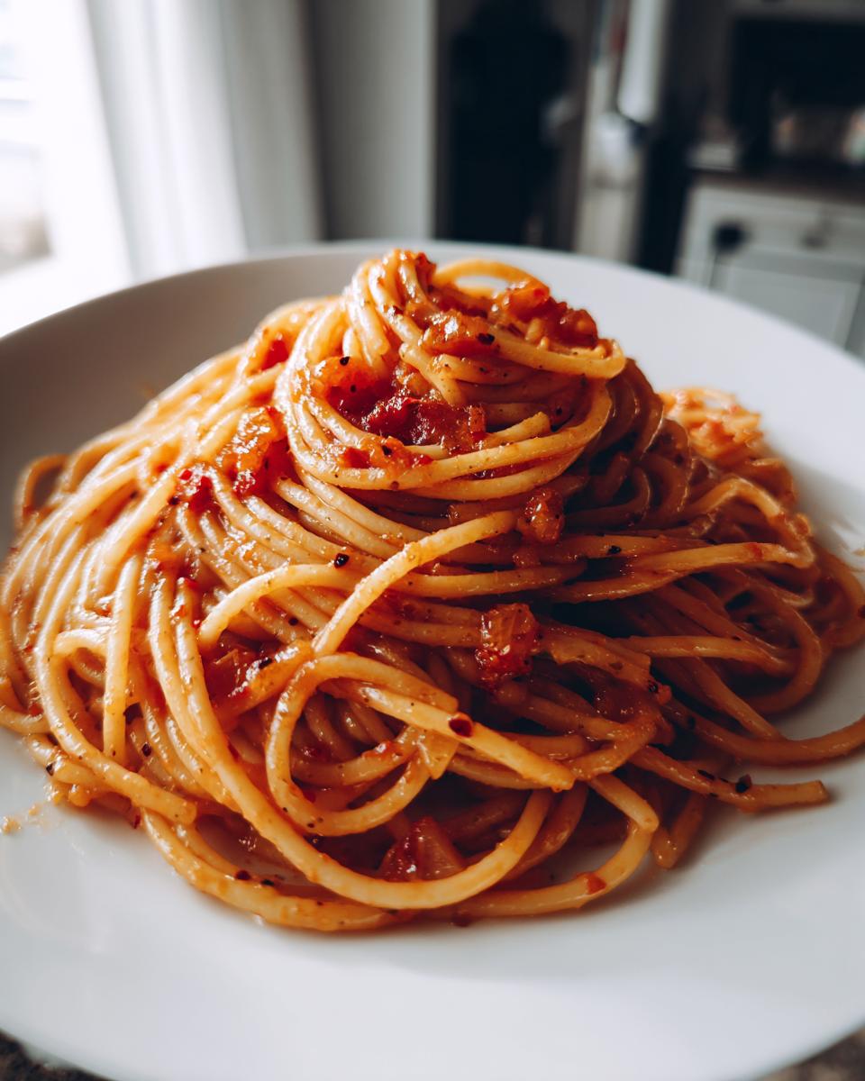 A close-up shot of a plate of spaghetti with a rich tomato sauce, perfect for quick dinner ideas.