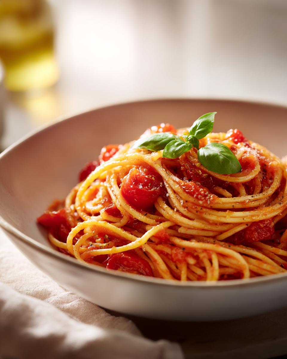 Close-up of spaghetti with fresh tomato sauce and basil, a perfect simple dinner idea.