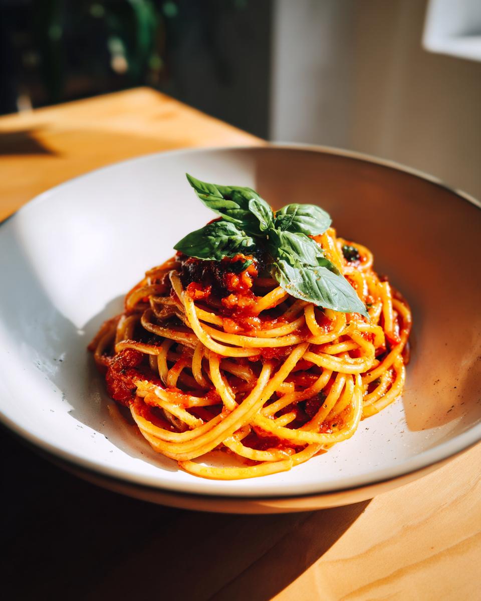 A close-up of spaghetti with a rich tomato sauce, garnished with fresh basil, perfect for simple dinner ideas.