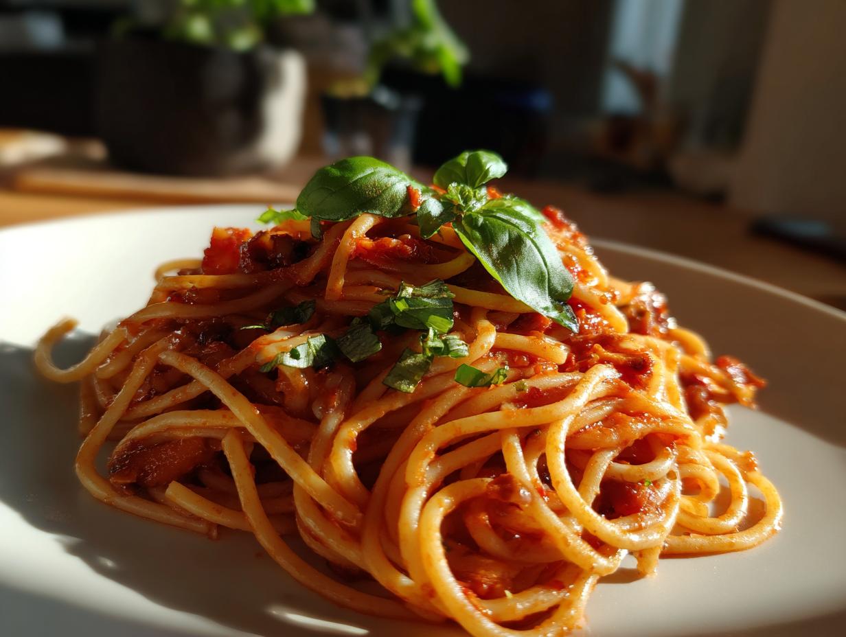 A plate of spaghetti with a rich tomato sauce, garnished with fresh basil and herbs, perfect for simple dinner ideas.