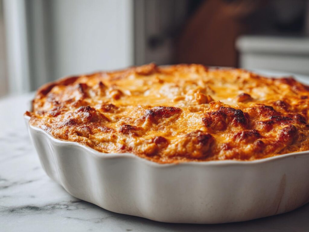 A close-up of a bubbling, golden-brown buffalo chicken dip in a white baking dish, ready to serve.