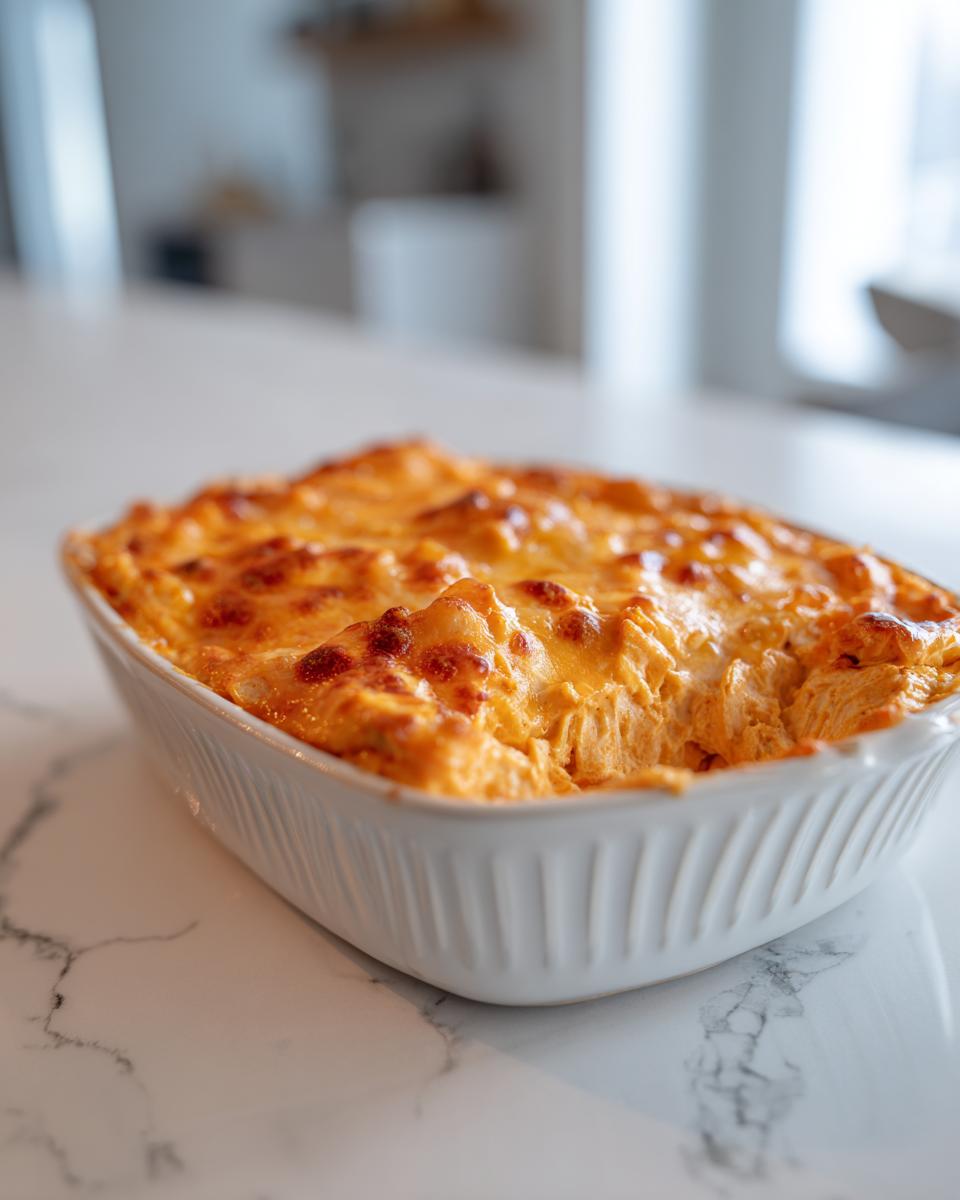 A close-up of a bubbly, cheesy buffalo chicken dip in a white baking dish, ready to be served.