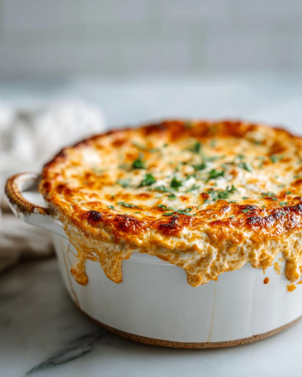 A bubbling, golden-brown buffalo chicken dip served in a white baking dish, topped with fresh parsley.