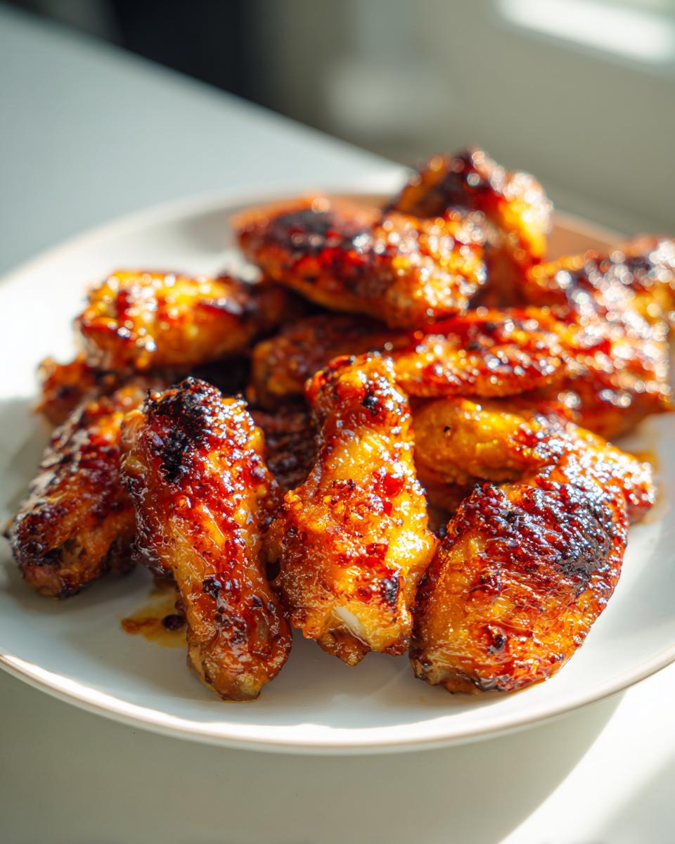 A plate of glistening, spicy chicken wings, perfect for new years food ideas.