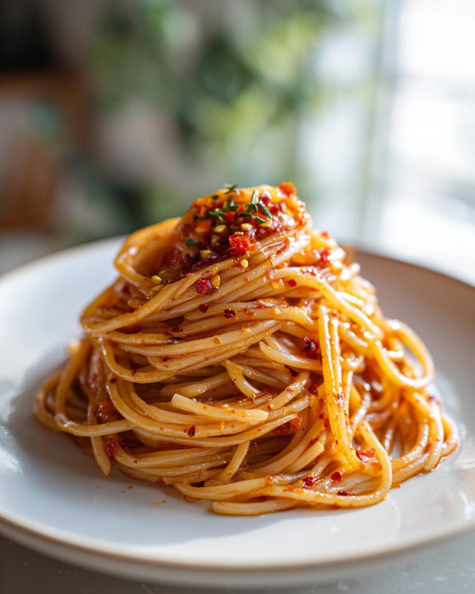 A close-up of a plate of spicy garlic noodles, a perfect quick dinner idea, topped with chili flakes and herbs.