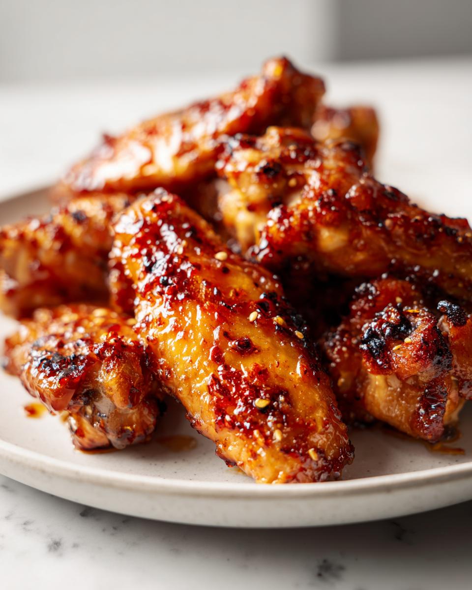 Close-up of a plate of glistening, spicy glazed chicken wings, perfect for new years food ideas.