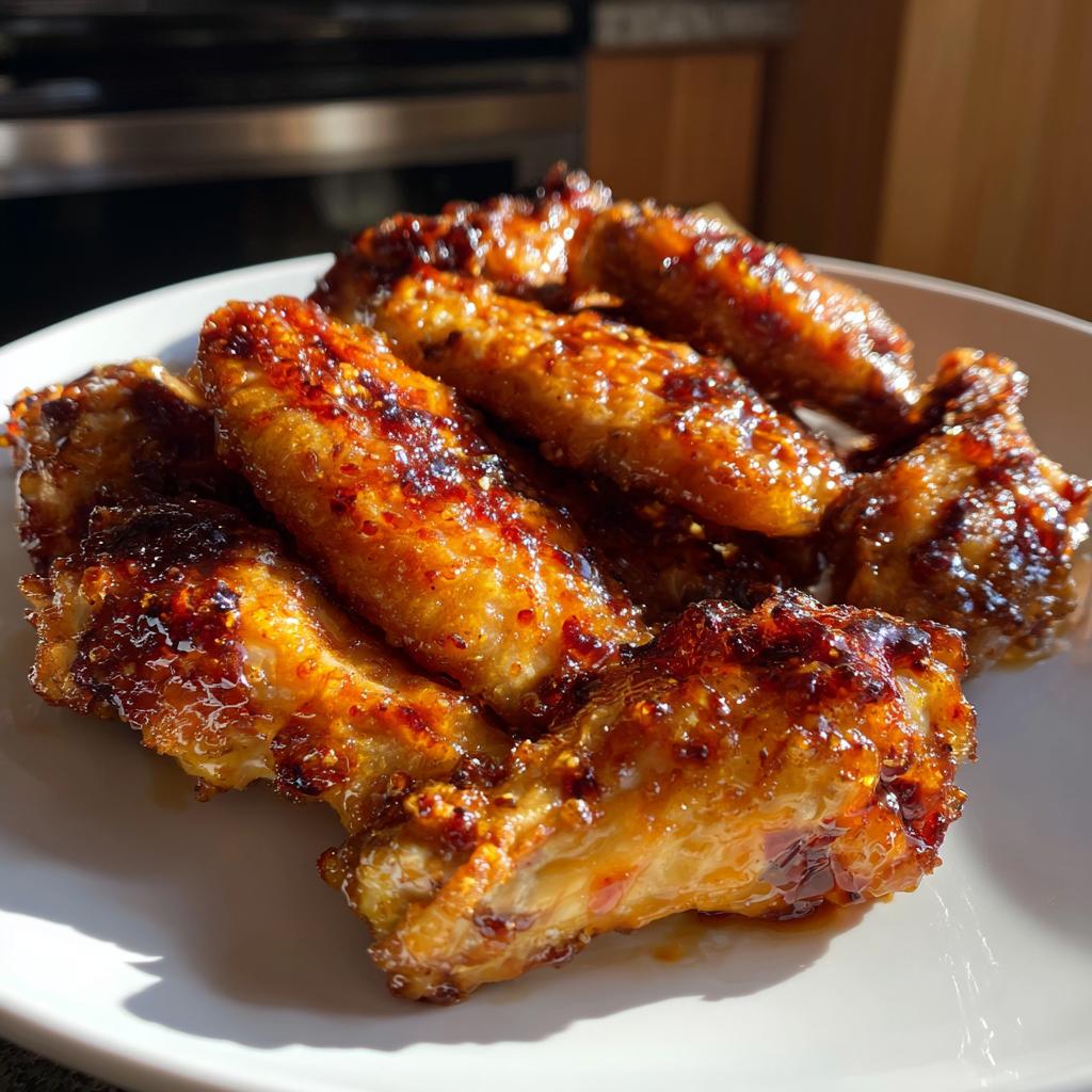 Close-up of glistening, spicy glazed chicken wings, perfect for New Years food ideas.