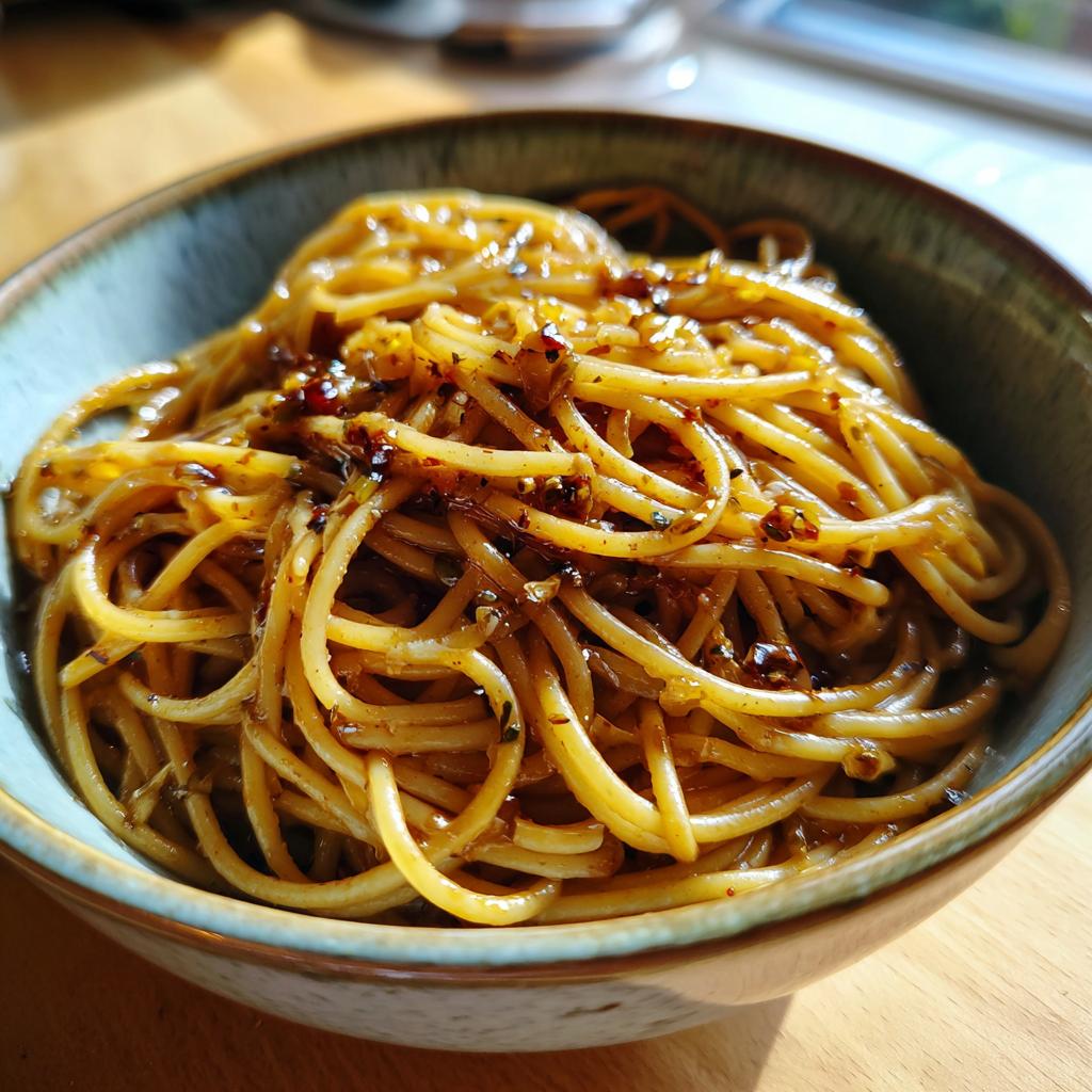 Close-up of a bowl of spaghetti noodles tossed in a spicy sauce, perfect for easy dinner ideas.