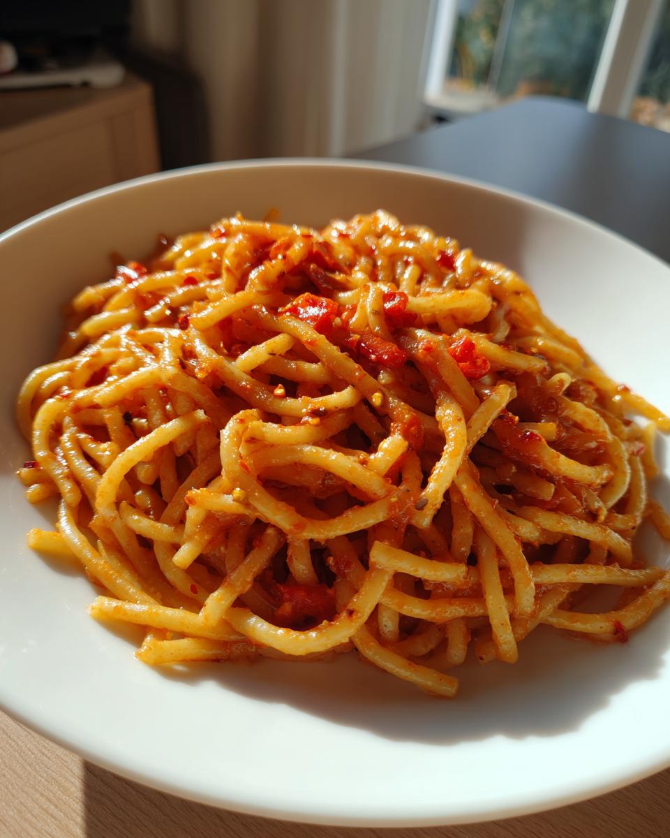 A close-up of a bowl of spaghetti with a spicy red sauce, perfect for quick dinner ideas.