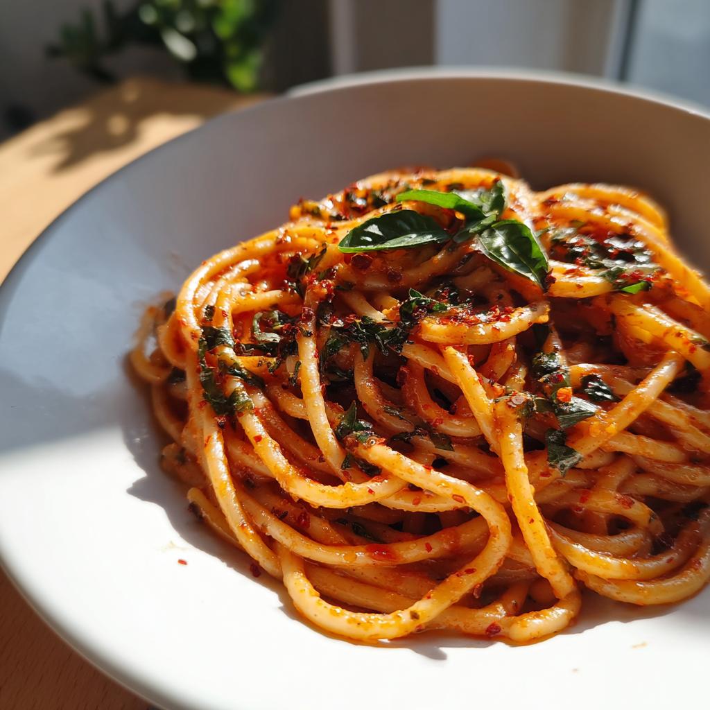 A close-up of a bowl of spaghetti with a spicy red sauce, fresh basil, and chili flakes, perfect for pasta dinner ideas.
