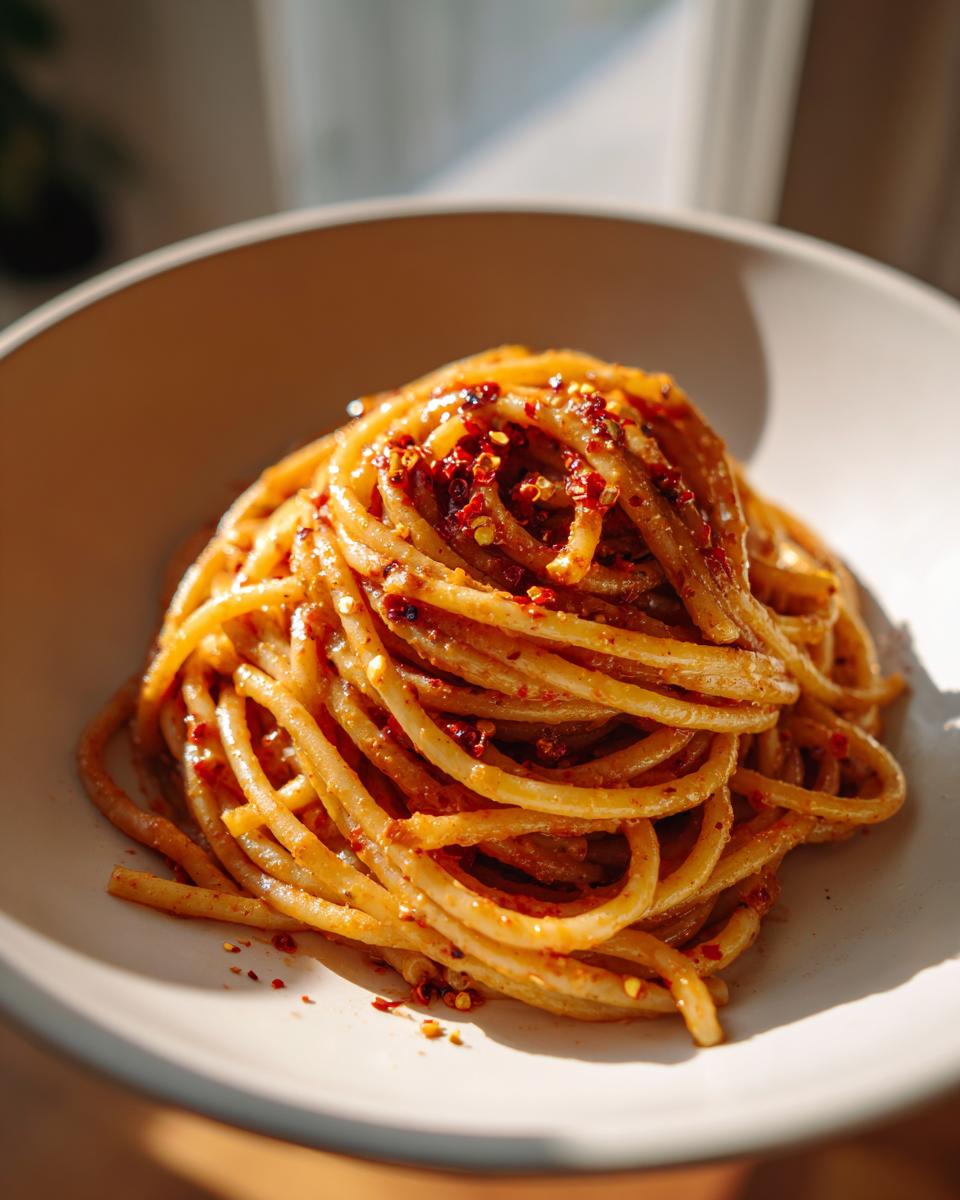 A close-up of spaghetti with chili flakes, perfect for quick dinner ideas.