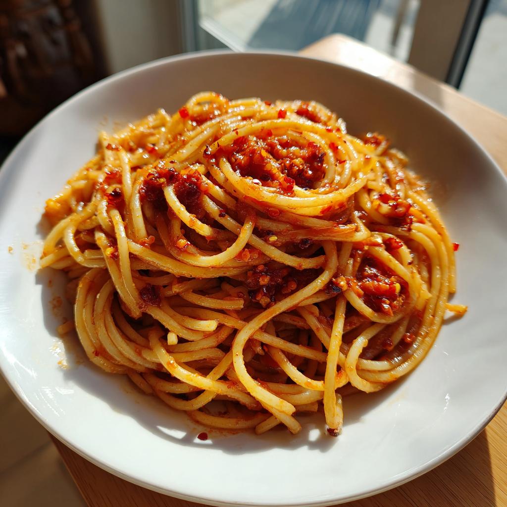 A plate of spaghetti coated in a spicy red sauce, perfect for quick dinner ideas.