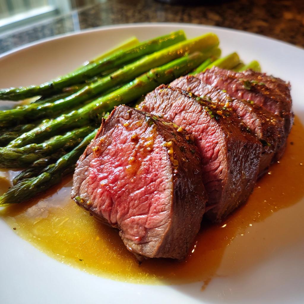 Close-up of sliced medium-rare steak with asparagus, a perfect addition to your New Years Eve dinner ideas.