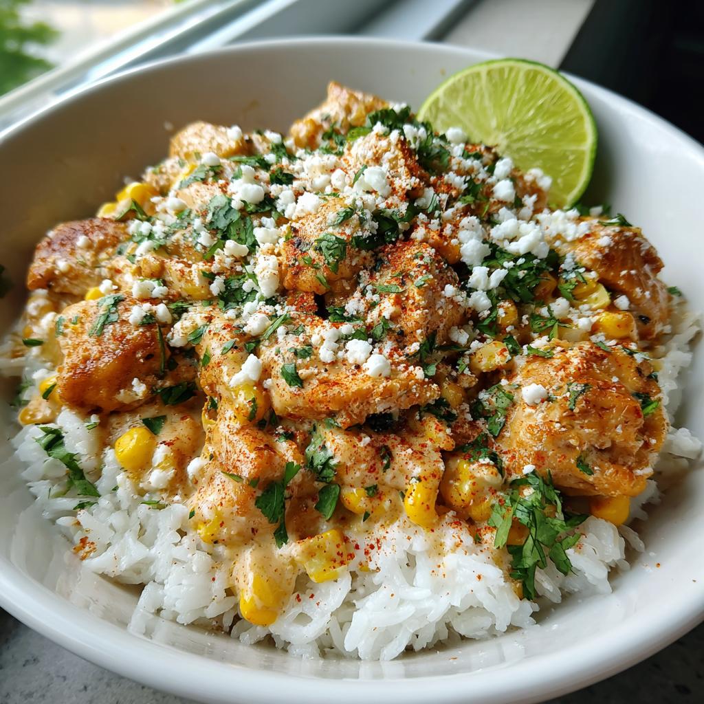 A delicious street corn chicken rice bowl topped with crumbled cheese, cilantro, and a lime wedge.