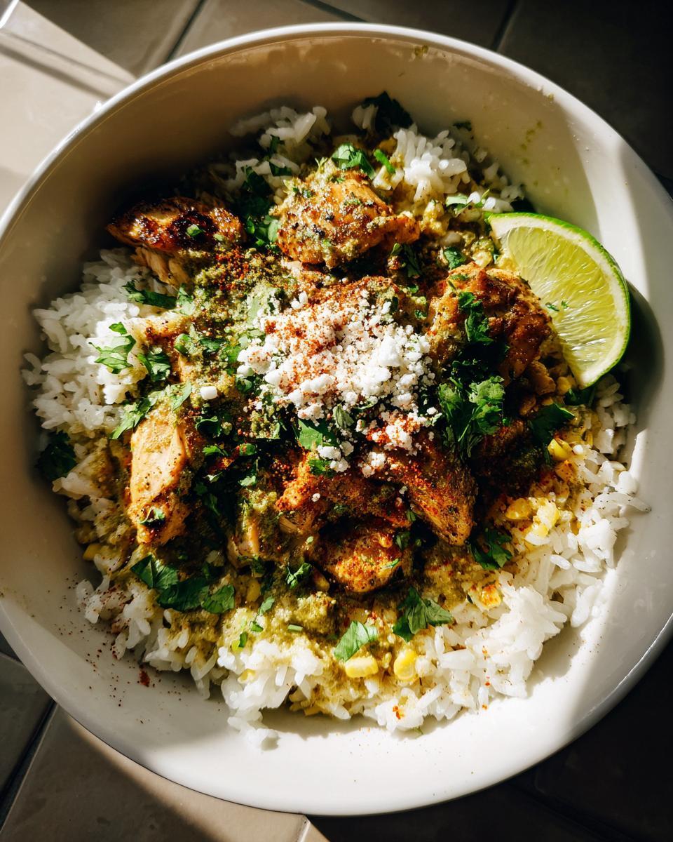 A close-up view of a street corn chicken rice bowl topped with crumbled cheese, cilantro, and a lime wedge.