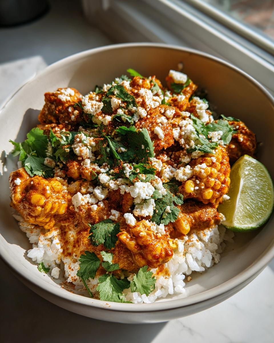 A vibrant street corn chicken rice bowl topped with crumbled cheese, cilantro, and a lime wedge.
