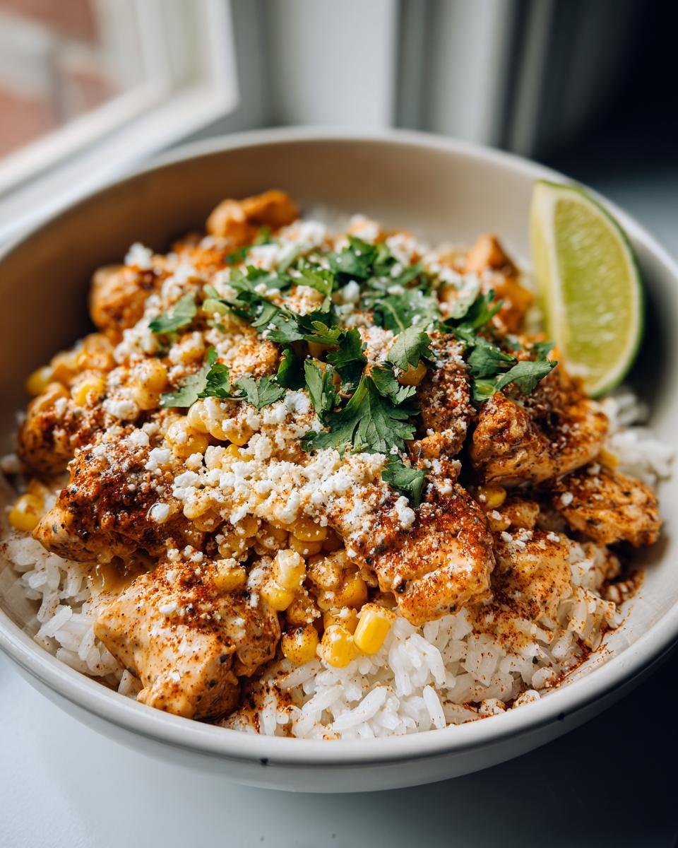 A delicious street corn chicken rice bowl topped with crumbled cheese, cilantro, and a lime wedge.