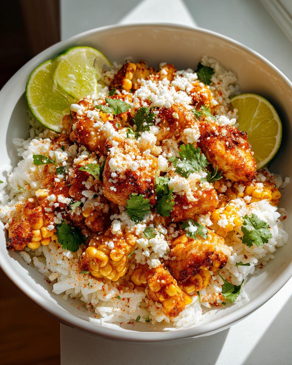A close-up of a street corn chicken rice bowl topped with crumbled cheese, cilantro, and lime wedges.