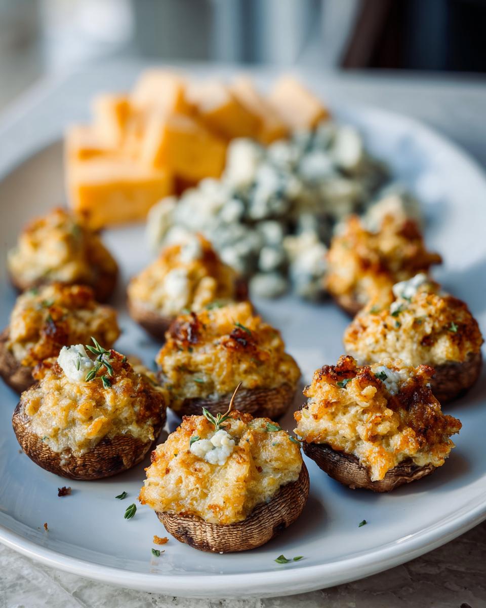 Close-up of stuffed mushrooms, a delicious appetizer, with a cheese platter in the background.