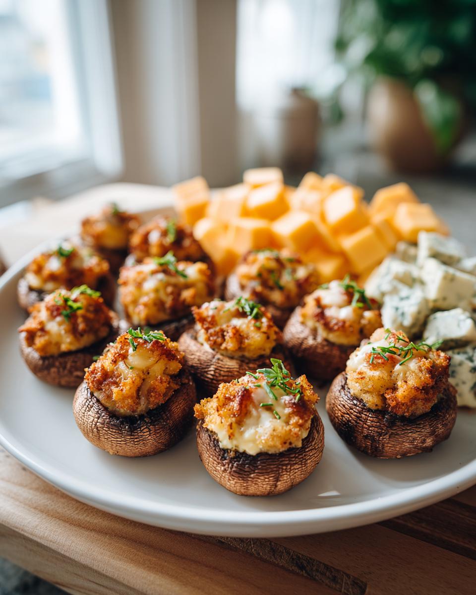 Close-up of delicious stuffed mushrooms, a perfect new years eve appetizer, served with cheese cubes.