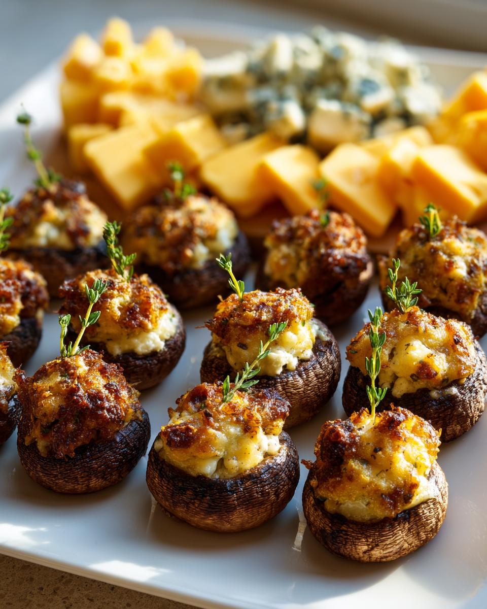 Close-up of delicious stuffed mushrooms, a perfect appetizer for New Years Eve, served with cheese.