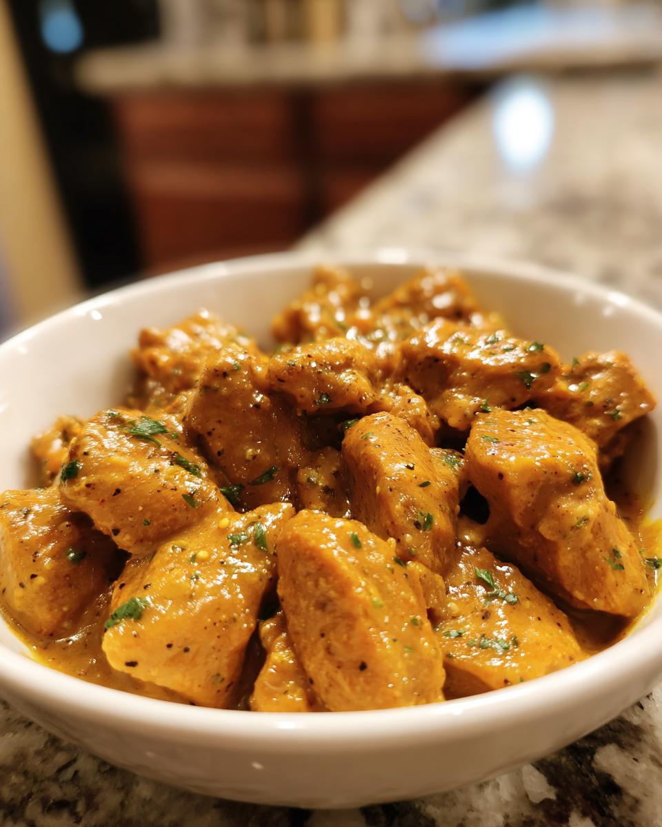 Close-up of a white bowl filled with tender pieces of Texas Roadhouse Butter Chicken in a rich, creamy sauce, garnished with fresh herbs.