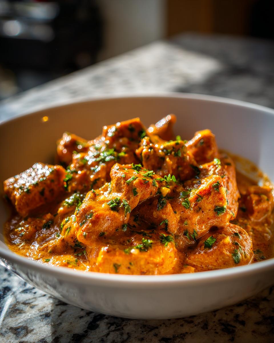 Close-up of tender chicken pieces in a creamy, orange sauce, garnished with fresh herbs, representing Texas Roadhouse Butter Chicken.