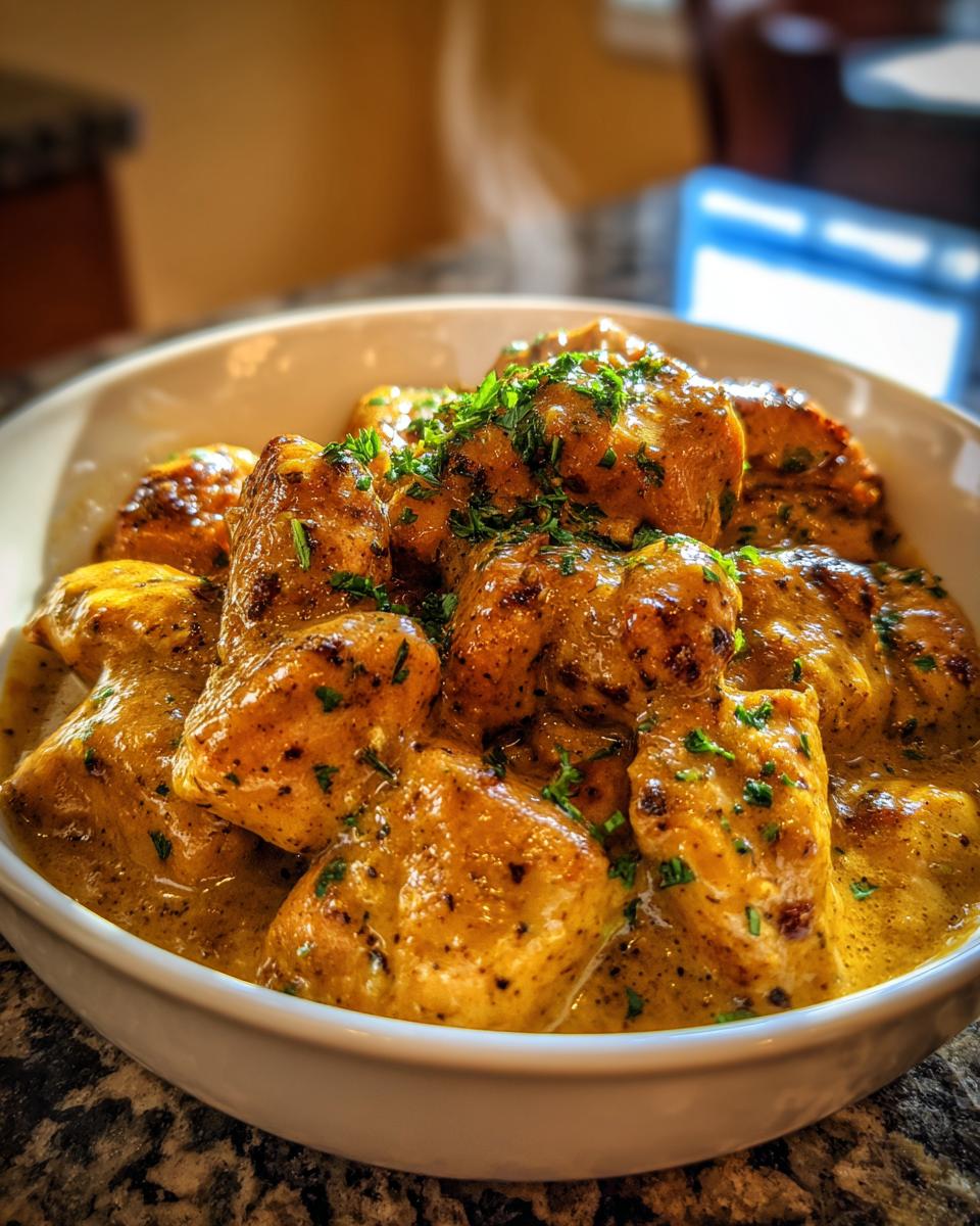 A close-up of a white bowl filled with tender pieces of Texas Roadhouse Butter Chicken in a creamy sauce, garnished with fresh parsley.