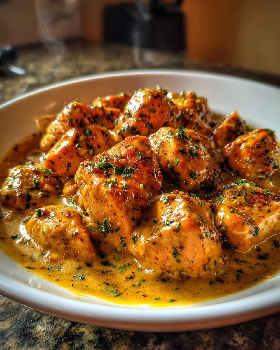 Close-up of a white bowl filled with tender pieces of Texas Roadhouse Butter Chicken in a creamy, golden sauce, garnished with fresh herbs.