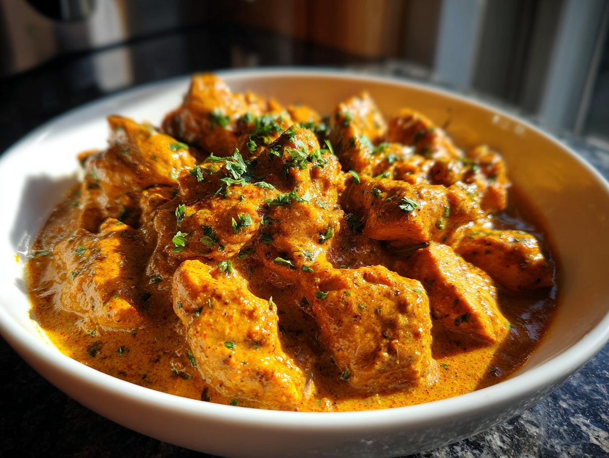 A close-up of tender chicken pieces in a rich, creamy orange sauce, garnished with fresh herbs, representing Texas Roadhouse Butter Chicken.