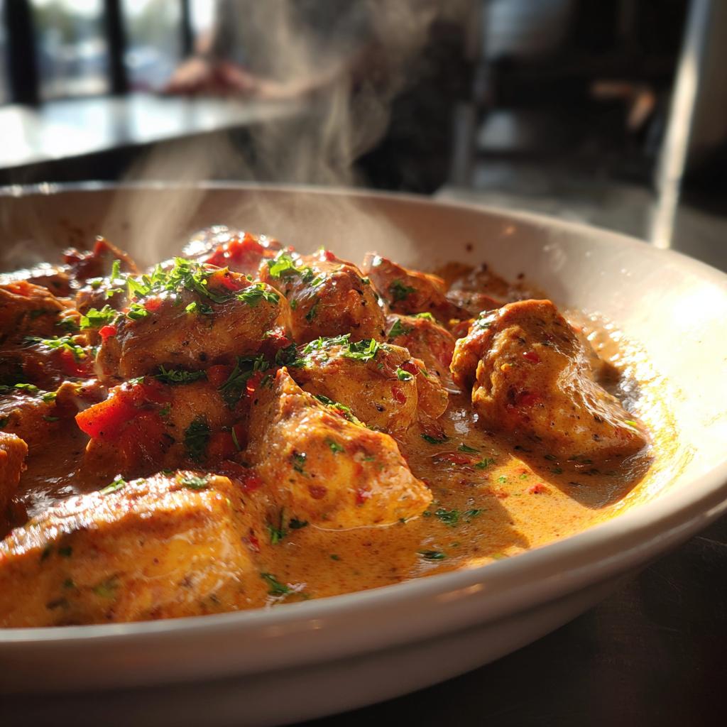 A close-up of steaming Texas Roadhouse Butter Chicken in a white bowl, garnished with fresh parsley.