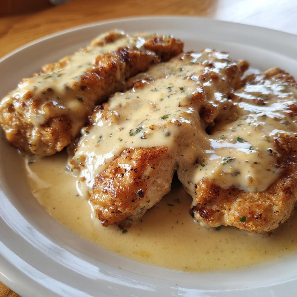 Close-up of three pieces of golden-brown Texas Roadhouse chicken smothered in a rich, creamy sauce with herbs.