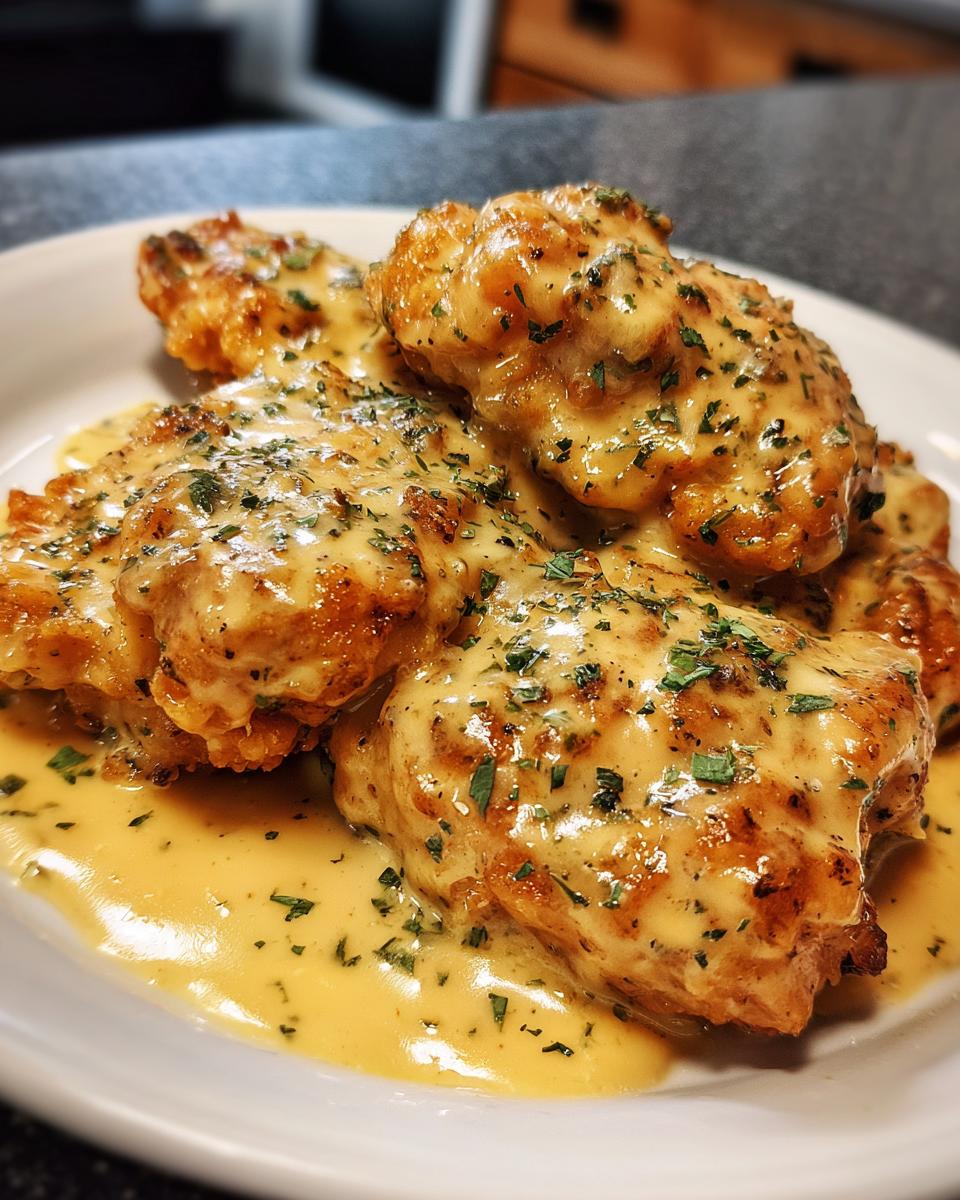 Close-up of golden-brown Texas Roadhouse chicken pieces generously coated in a creamy, herb-flecked sauce.
