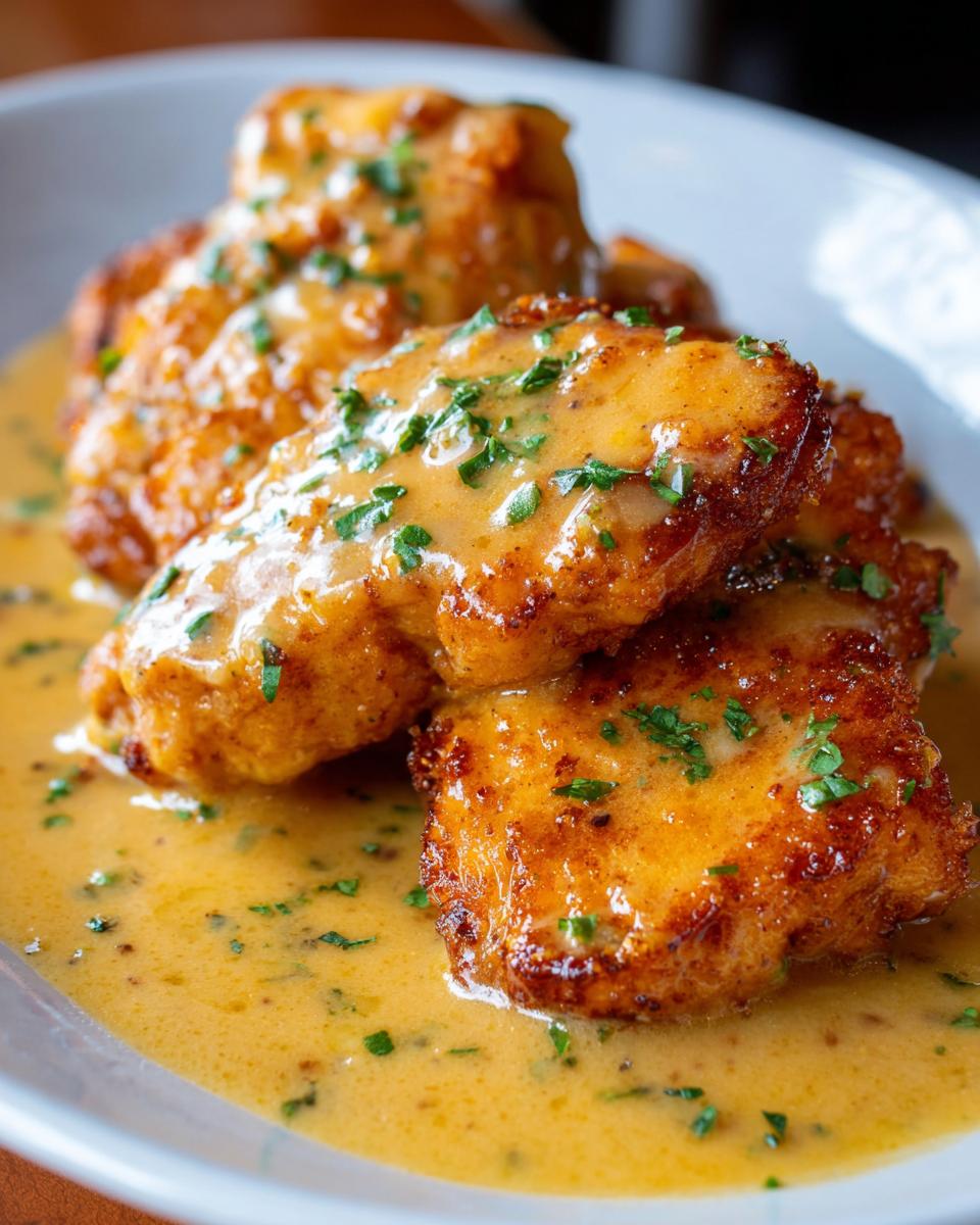 Close-up of golden-brown Texas Roadhouse chicken pieces smothered in a creamy sauce and sprinkled with parsley.