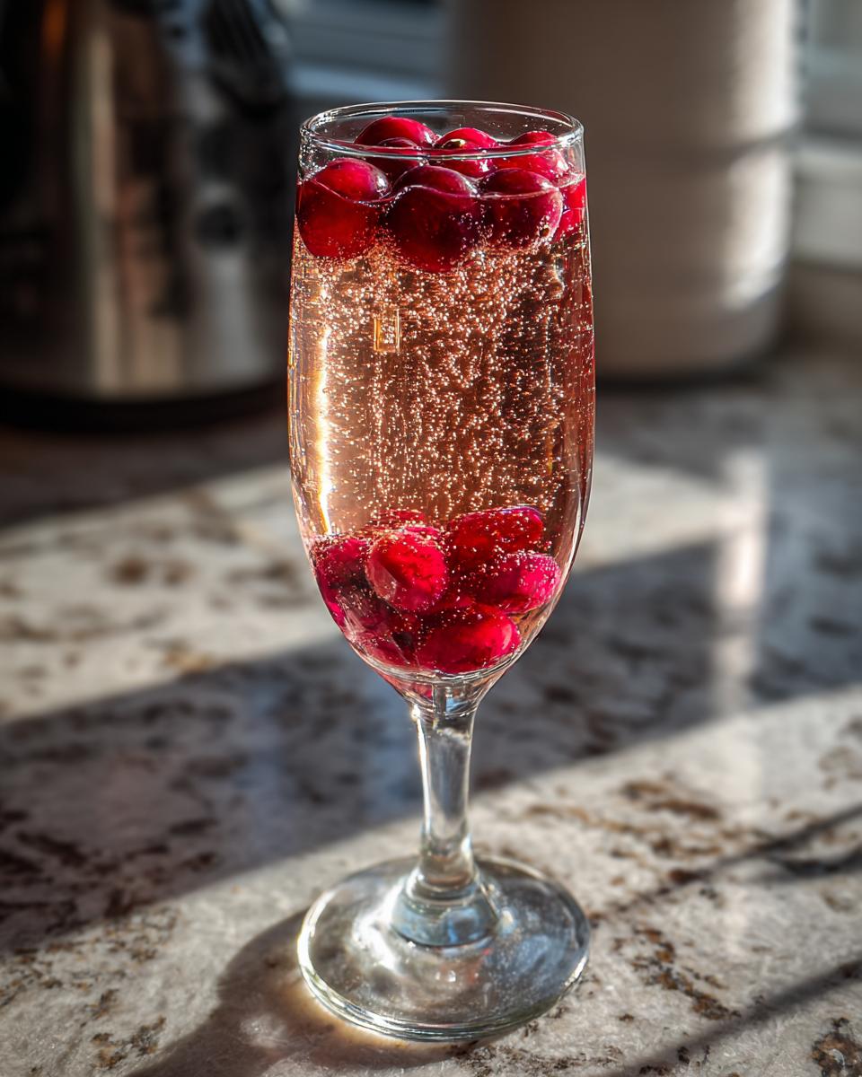 A tall glass of sparkling cranberry cocktail with fresh cranberries floating, perfect for Thanksgiving cocktails ideas.