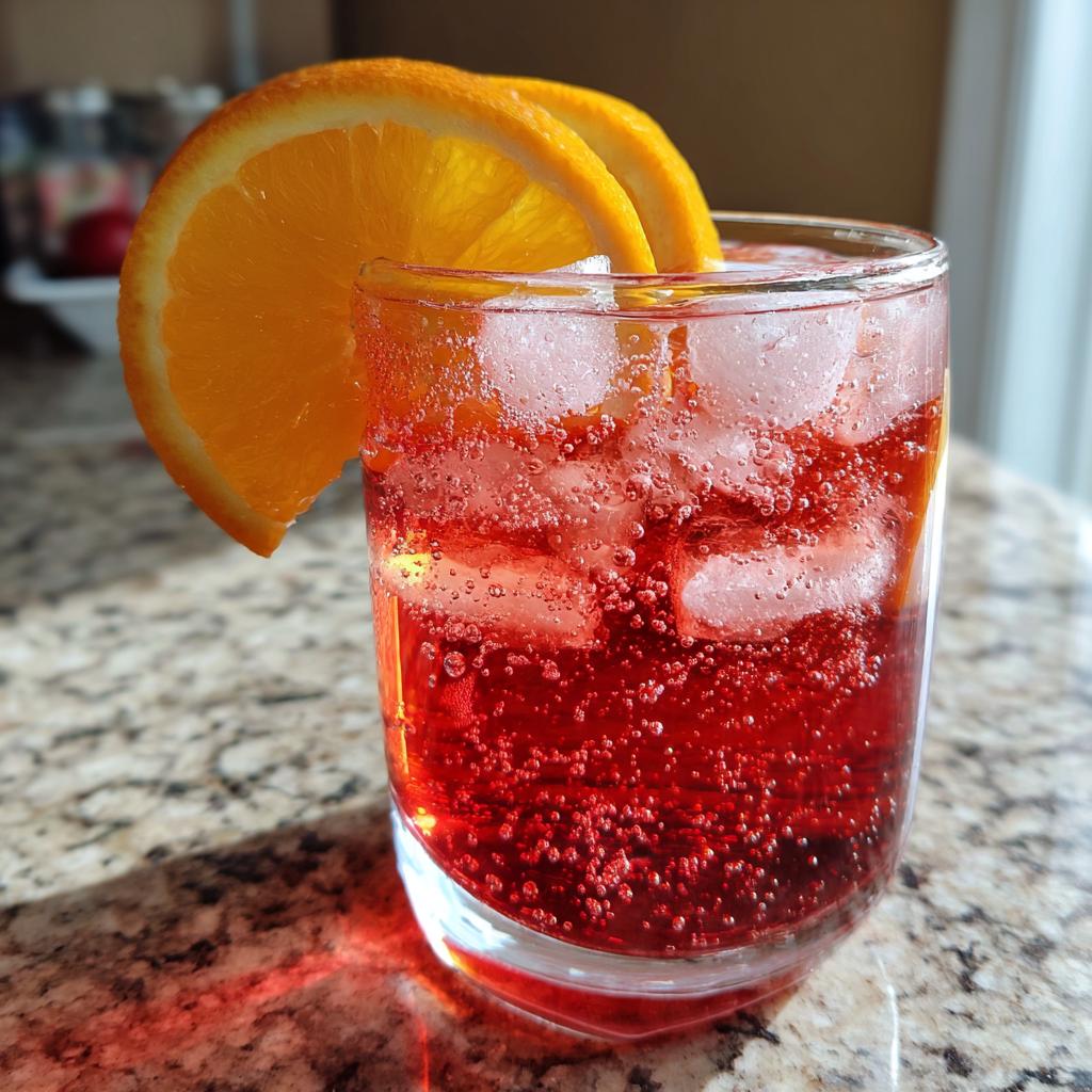 A refreshing cranberry and orange sparkling cocktail with ice and orange slices, perfect for Thanksgiving cocktails ideas.