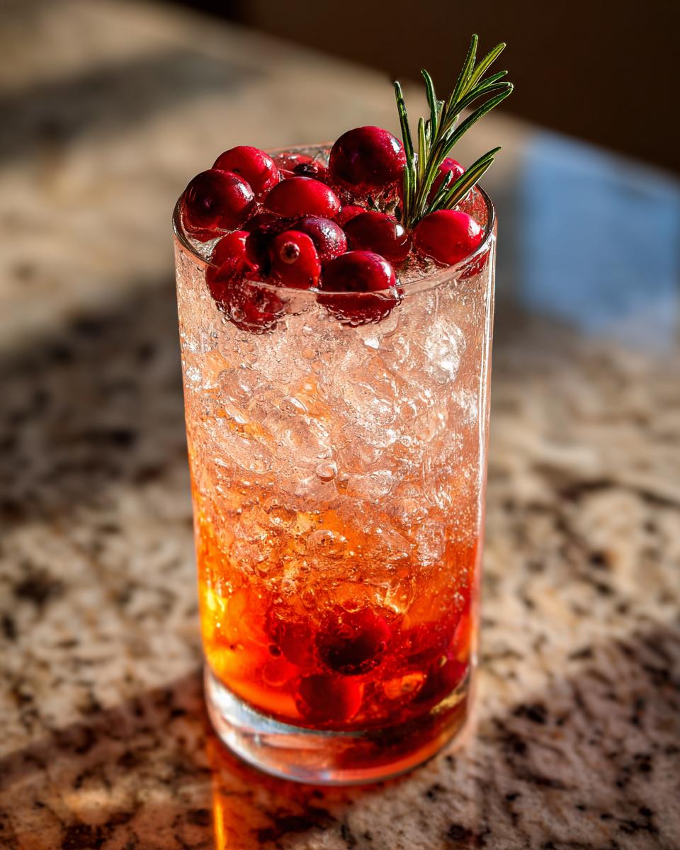 A tall glass filled with ice, a red cocktail, fresh cranberries, and a sprig of rosemary, perfect for Thanksgiving cocktails.