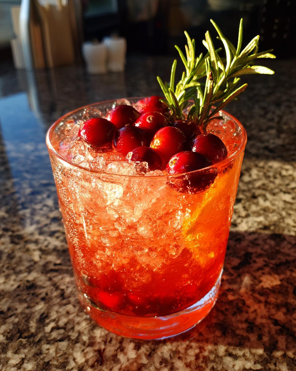 A refreshing Thanksgiving cocktail made with cranberries, orange, and rosemary, served over crushed ice.