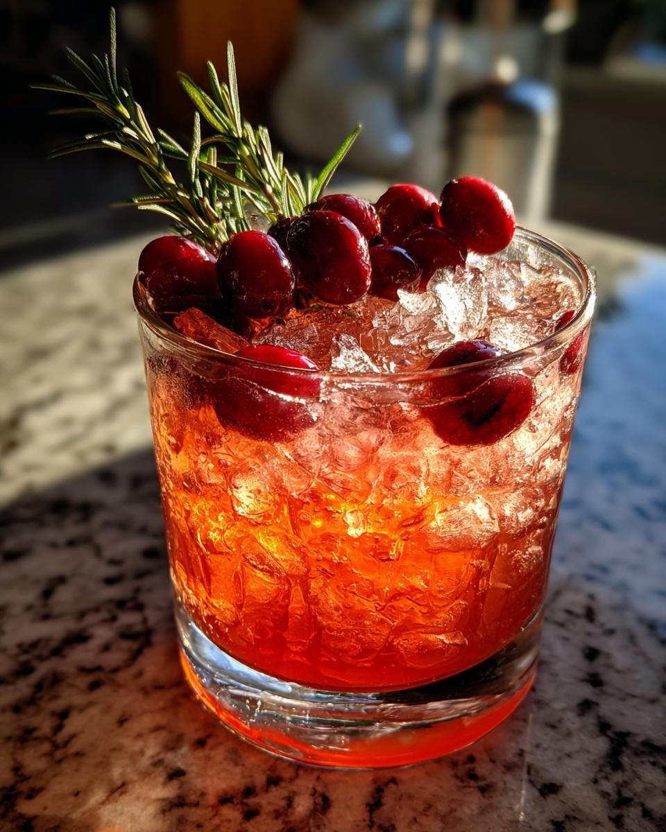 A close-up of a vibrant Thanksgiving cocktail with cranberries and rosemary, served over ice.