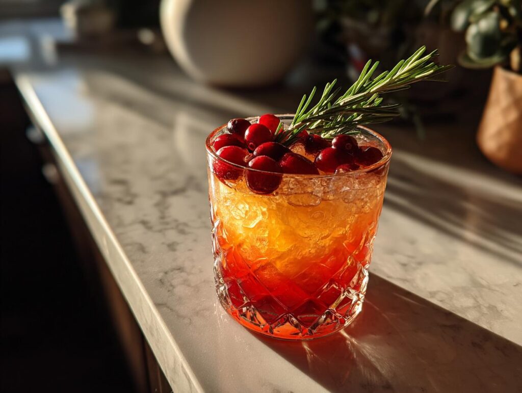A vibrant Thanksgiving cocktail recipe featuring a layered red and orange drink, garnished with fresh cranberries and a sprig of rosemary.